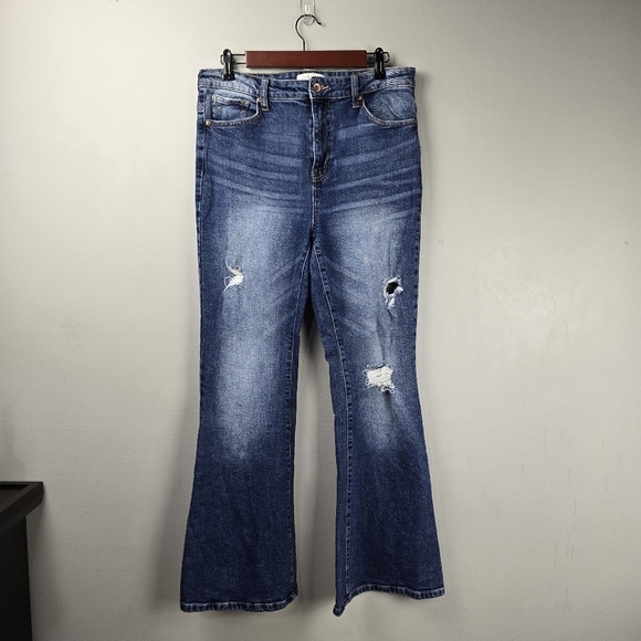 ARIYA Denim Distressed Flared Bell Bottom Jeans Boho Cowgirl‎ Blue Women Size 11 - Picture 1 of 13